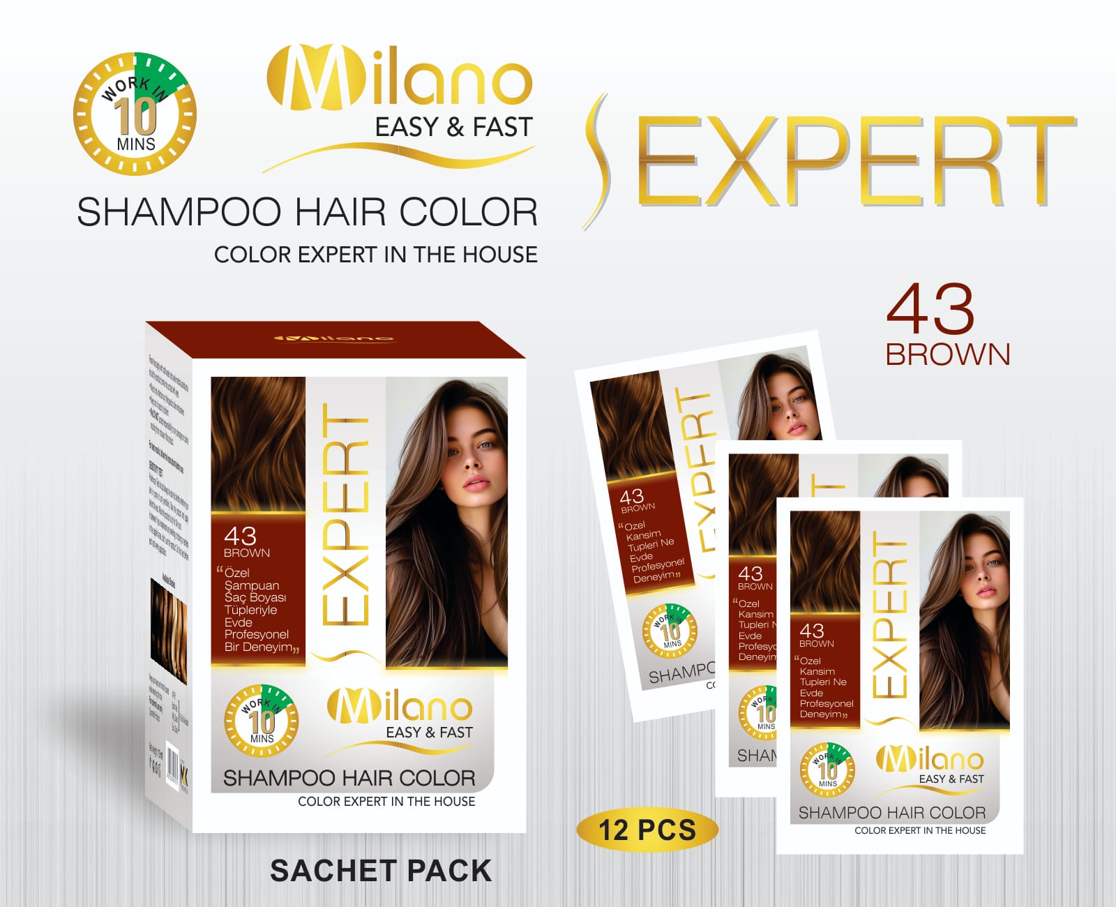 Milano Expert Shampoo Hair Color – Black & 43 Brown Shades | Easy & Fast 10-Minute Hair Dye | 30ml