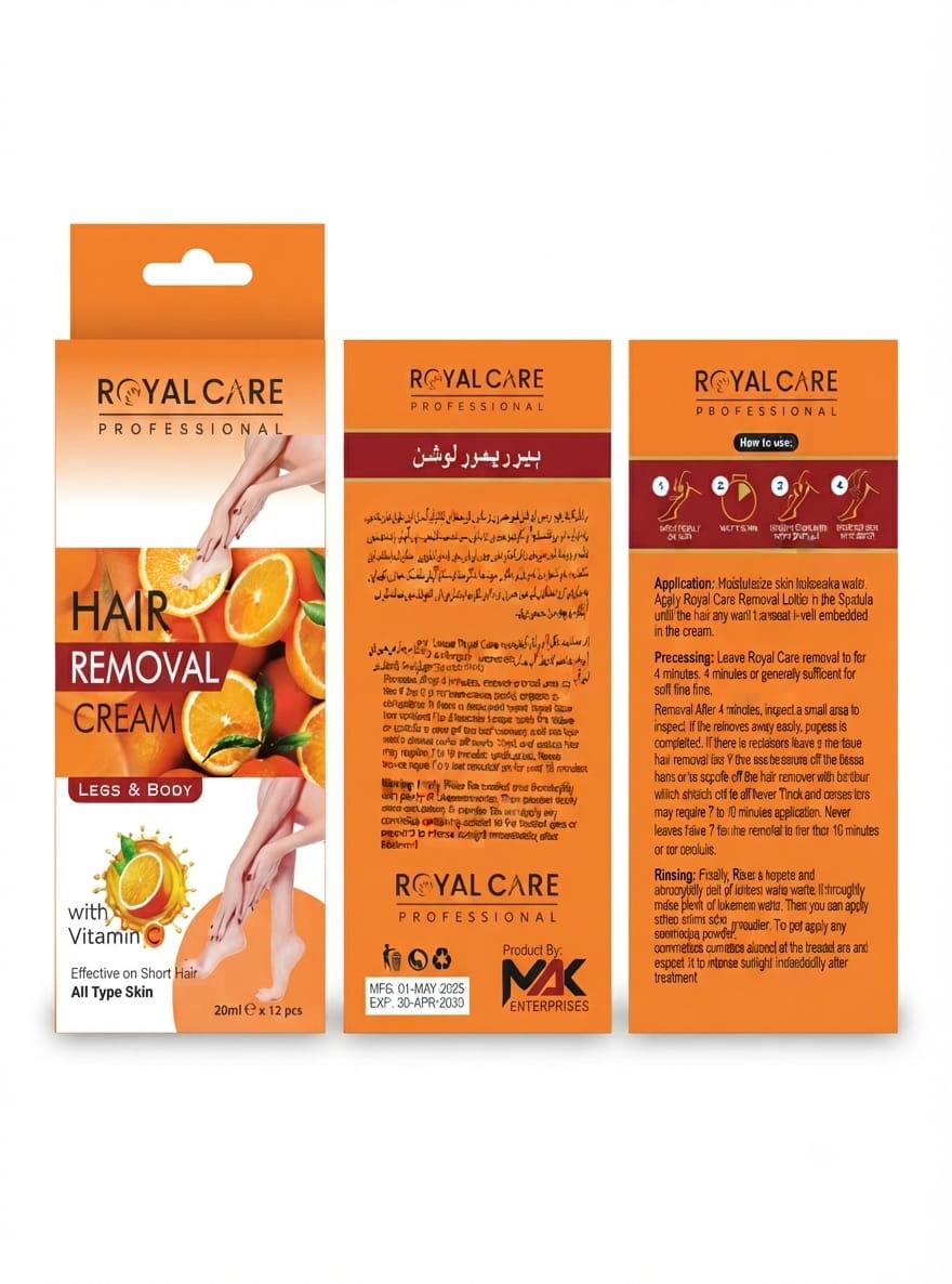 Royal Care Professional Hair Removal Cream with Vitamin C – Legs & Body | 12 x 20ml Sachets