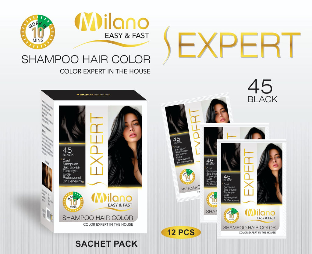 Milano Expert Shampoo Hair Color – Black & 43 Brown Shades | Easy & Fast 10-Minute Hair Dye | 30ml