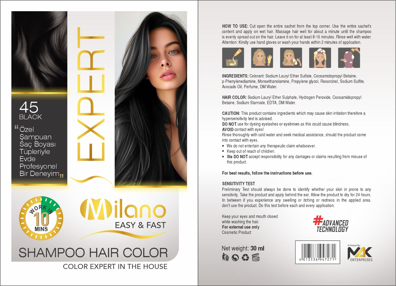 Milano Expert Shampoo Hair Color – Black & 43 Brown Shades | Easy & Fast 10-Minute Hair Dye | 30ml